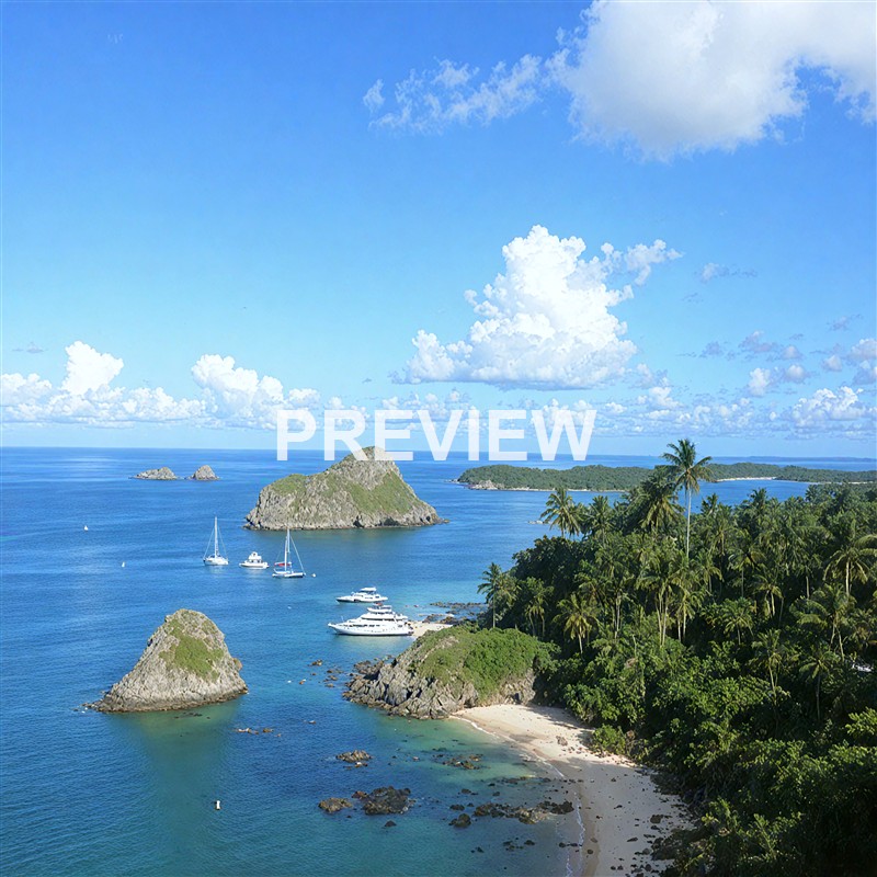 A tropical coastal scene with a sandy beach, lush green palm trees, rocky islands in the water, and several sailboats and yachts anchored near the shore under a partly cloudy sky.